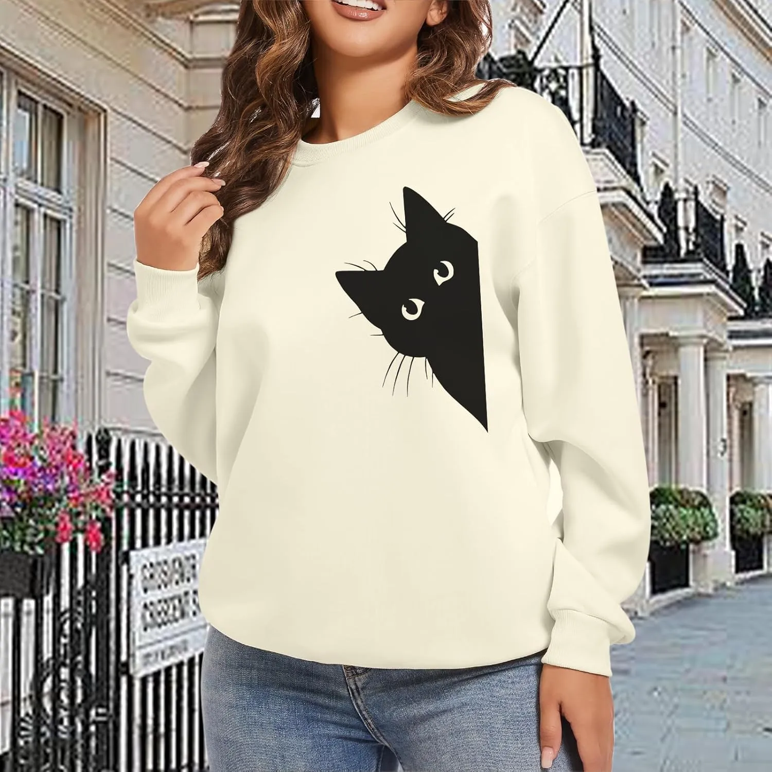 Cat Sweatshirts for Women Graphic Print Sweatshirt Funny Long Sleeve Shirt Cute Pullover Lightweight Hoodie Tops