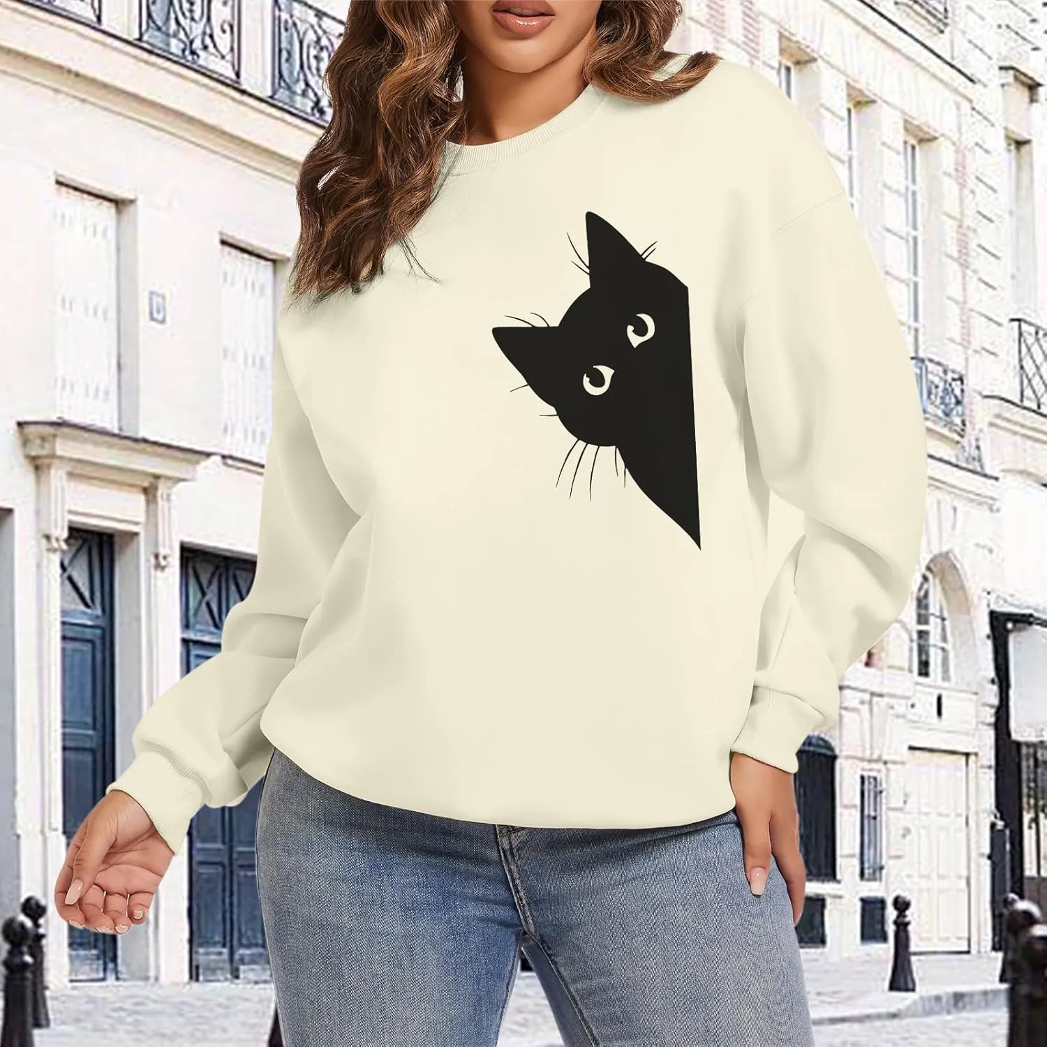 Cat Sweatshirts for Women Graphic Print Sweatshirt Funny Long Sleeve Shirt Cute Pullover Lightweight Hoodie Tops