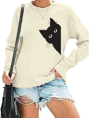 Cat Sweatshirts for Women Graphic Print Sweatshirt Funny Long Sleeve Shirt Cute Pullover Lightweight Hoodie Tops