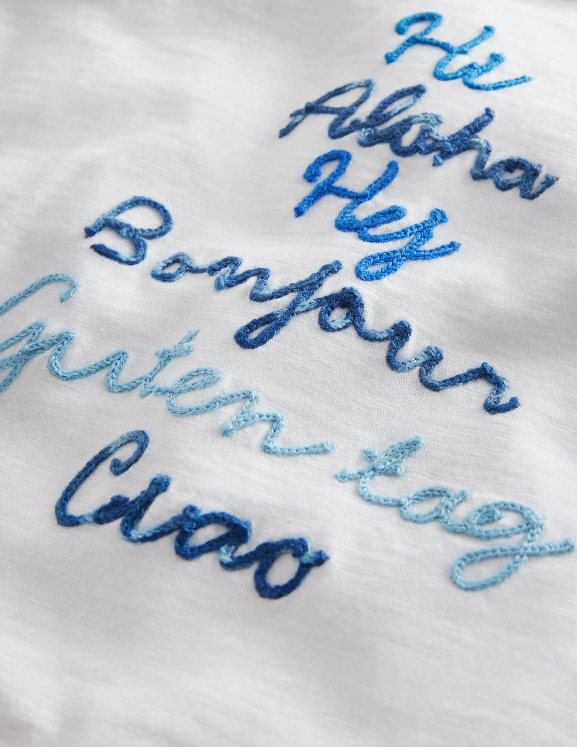 Chain Stitch Slogan T-shirt-Ivory White Hello