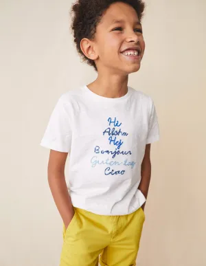 Chain Stitch Slogan T-shirt-Ivory White Hello