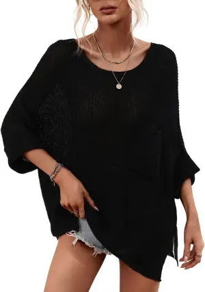 chouyatou Women's Oversized Short Sleeve Crochet Sweater Tops Beach Cover Up Summer T-Shirt