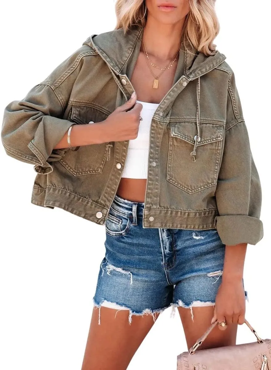 chouyatou Women's Washed Cropped Denim Jacket Button Up Hooded Jean Shacket Jacket Tops