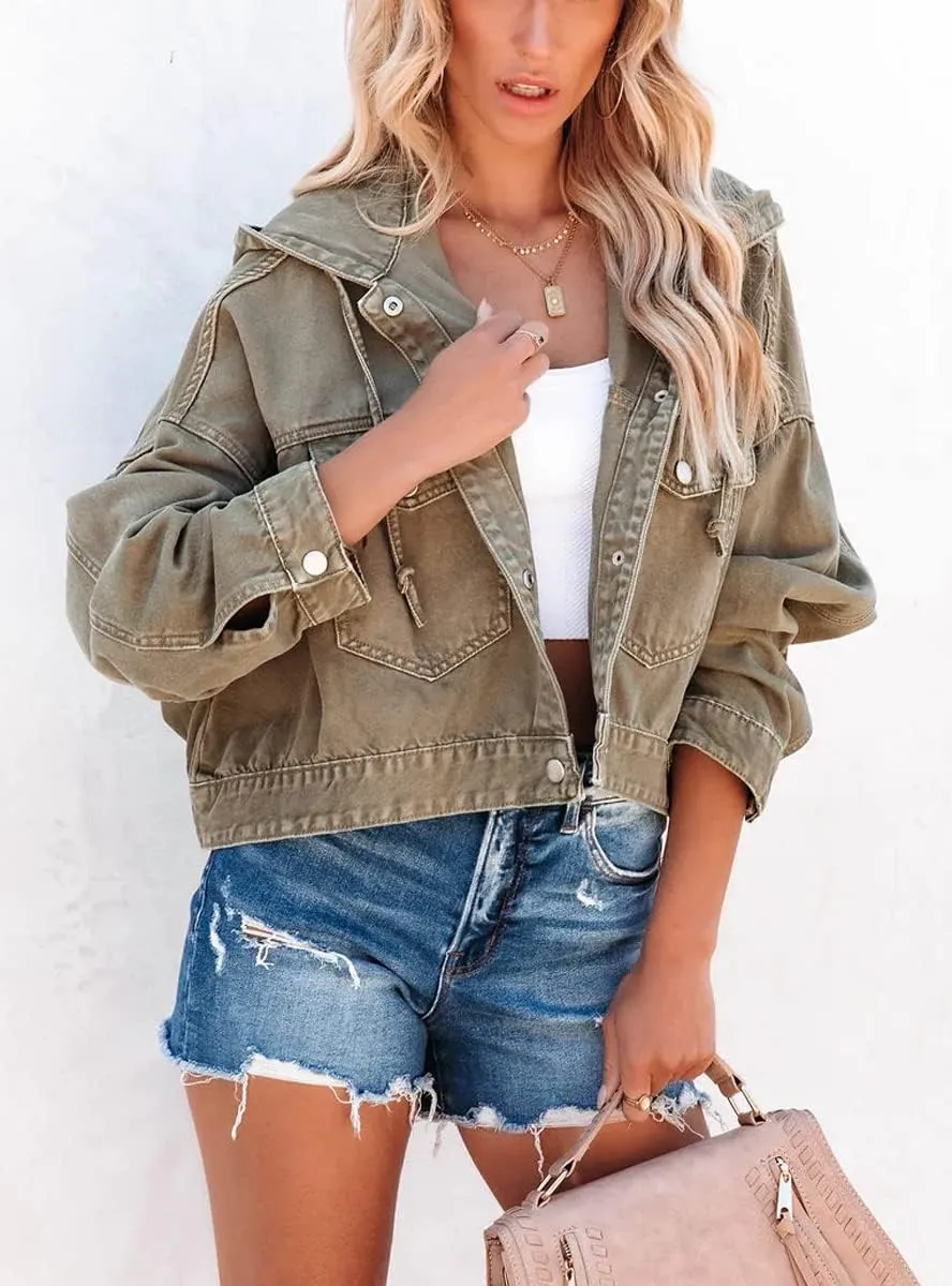 chouyatou Women's Washed Cropped Denim Jacket Button Up Hooded Jean Shacket Jacket Tops