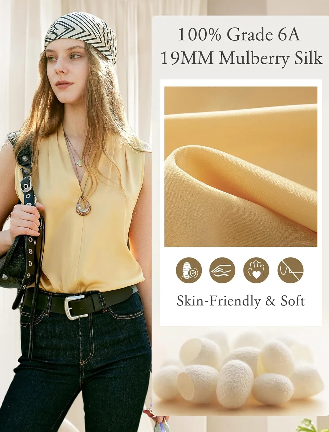 COLD POSH 19MM Mulberry Silk Blouse for Women Sleeveless V Neck Shirts Dressy Casual Womens Top for Office