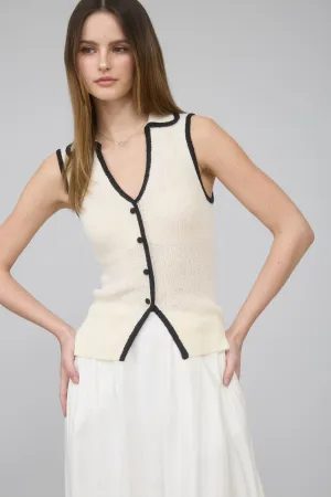 COLLARED BUTTON DOWN CONTRAST KNIT SWEATER VEST