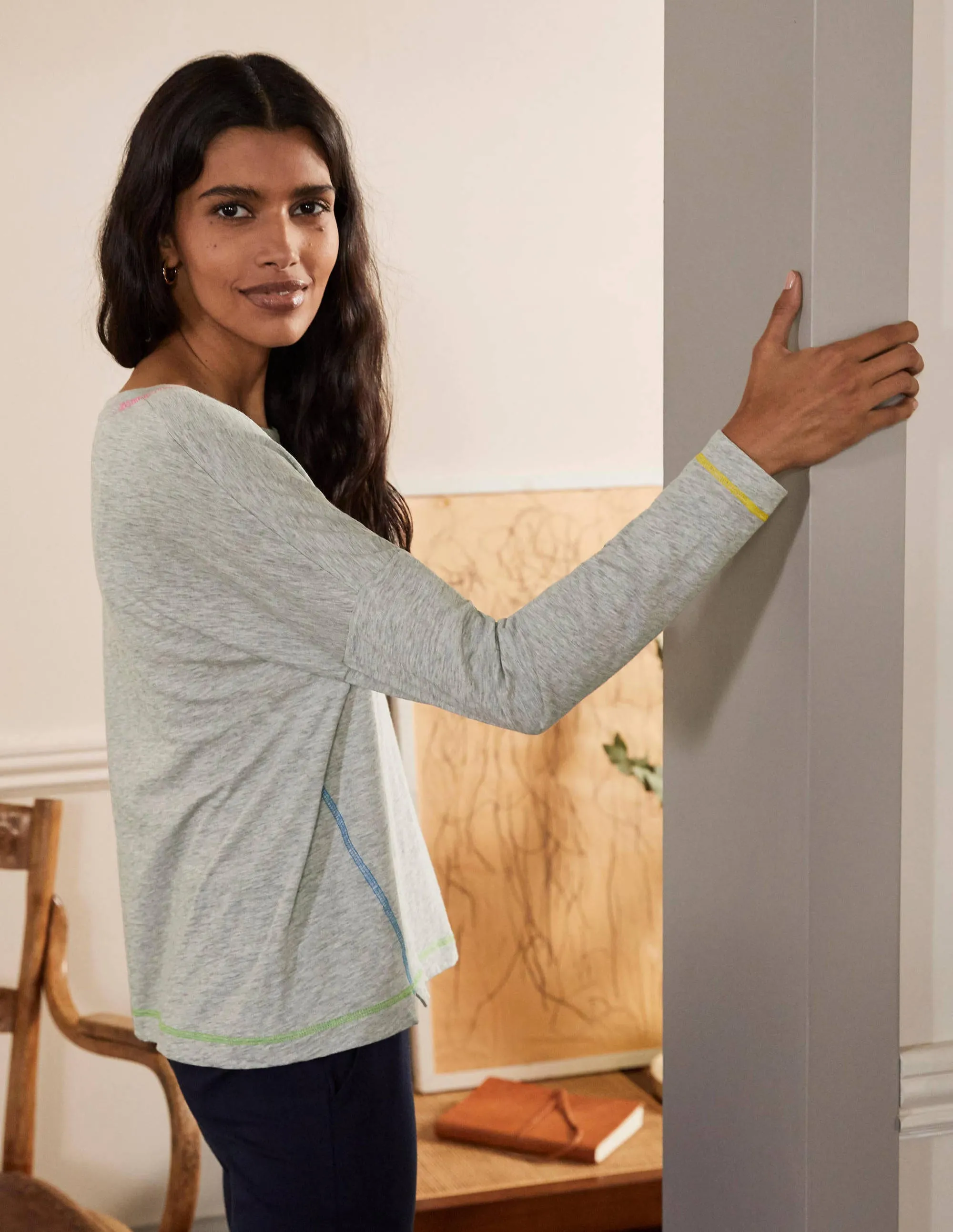 Contrast Stitch Jersey Top-Grey Marl