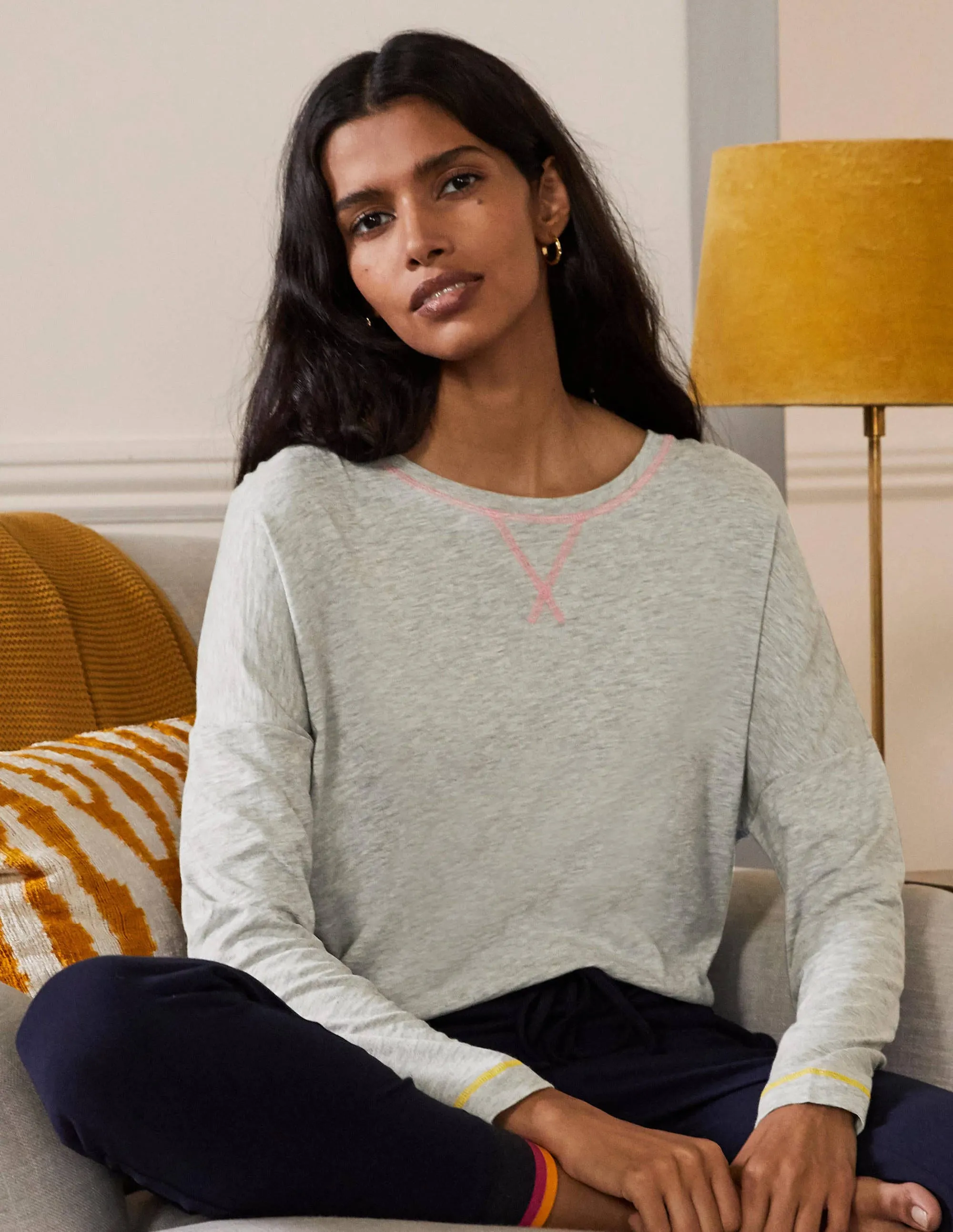 Contrast Stitch Jersey Top-Grey Marl