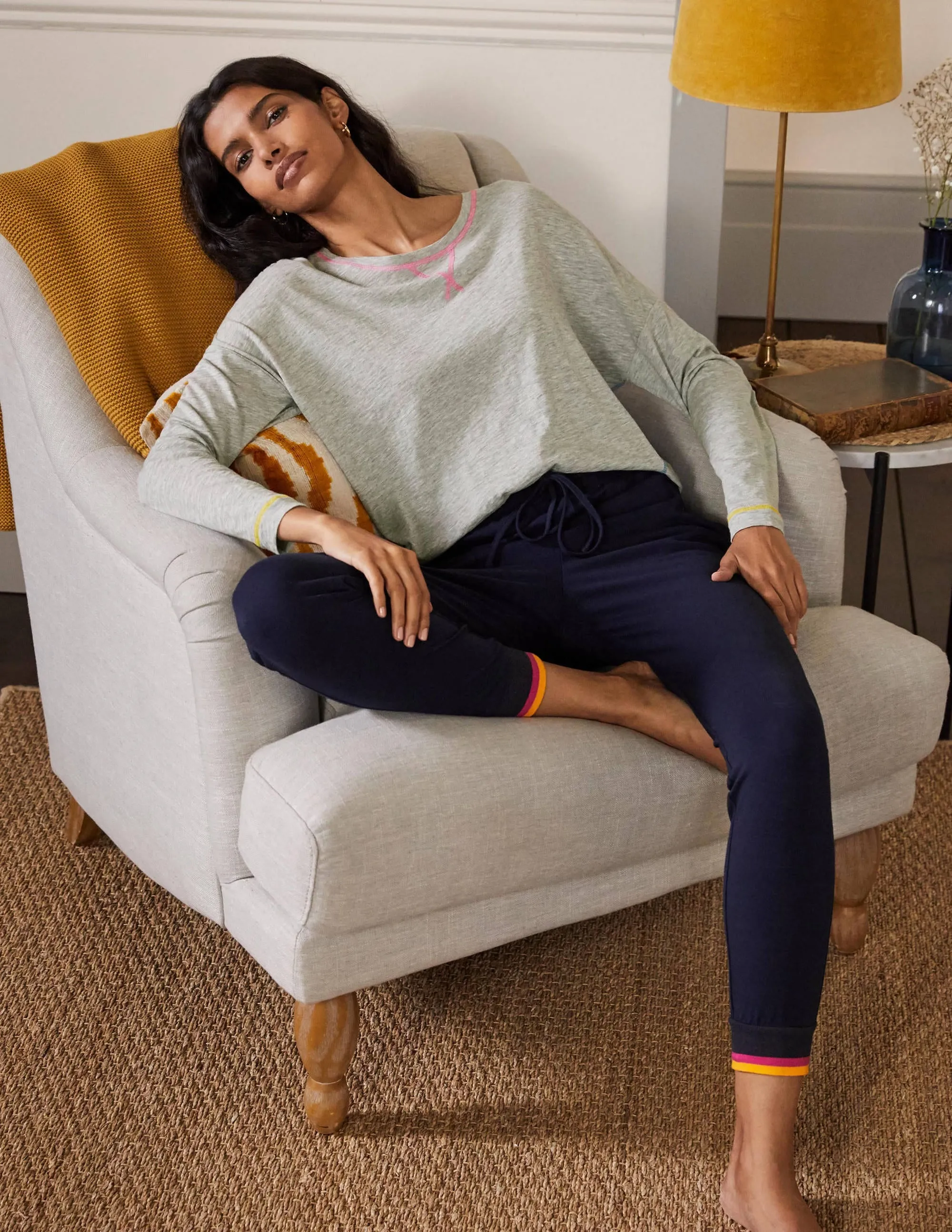 Contrast Stitch Jersey Top-Grey Marl