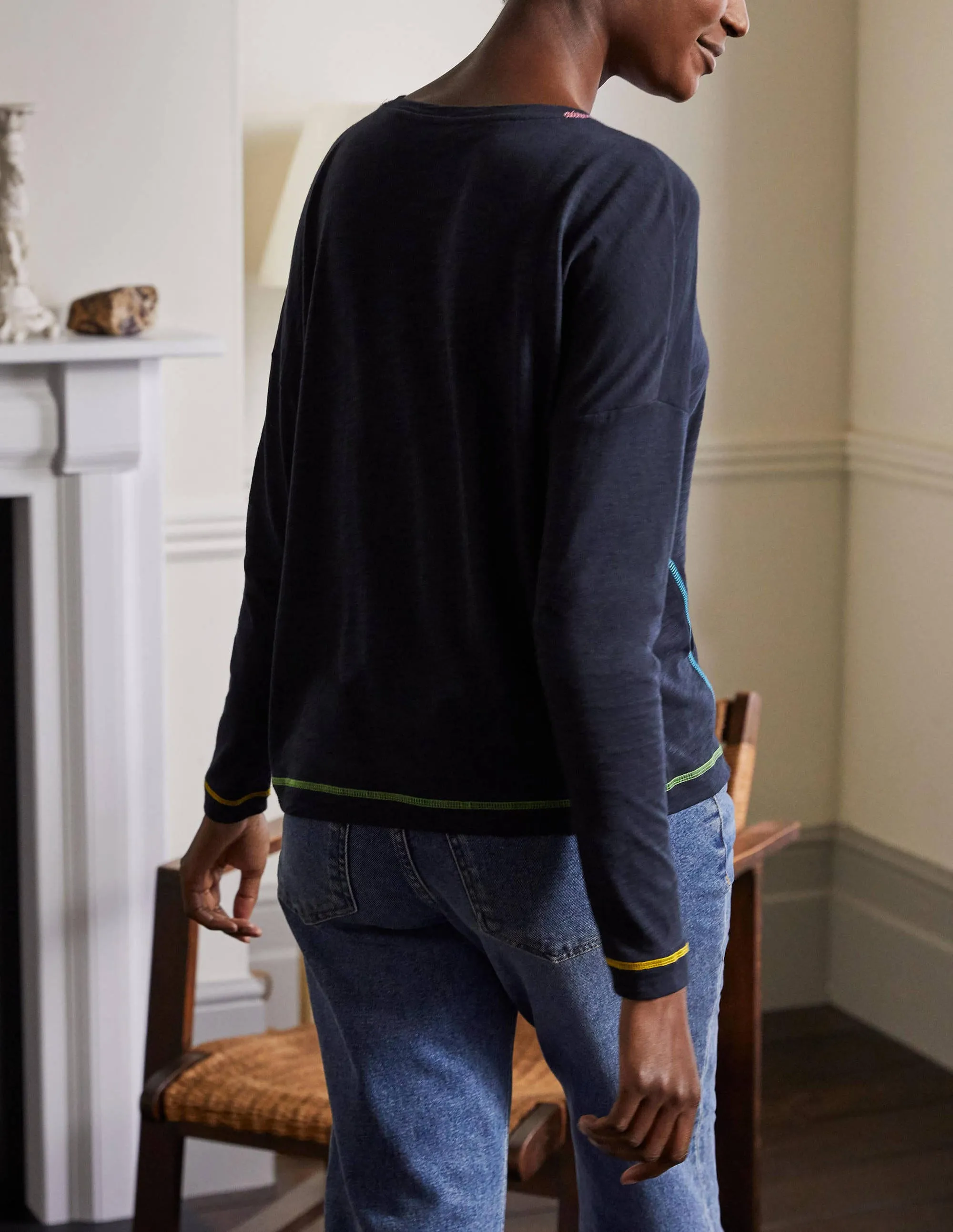 Contrast Stitch Jersey Top-Navy