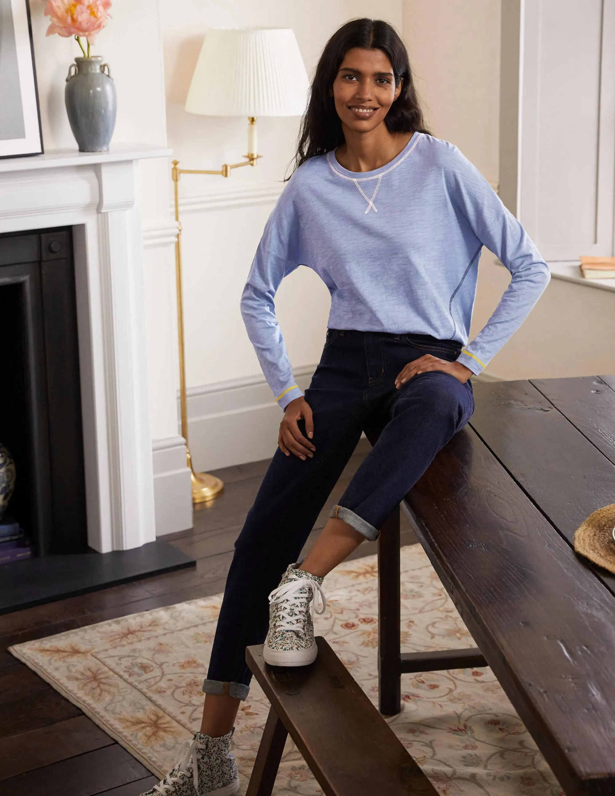 Contrast Stitch Jersey Top-Sea Mist