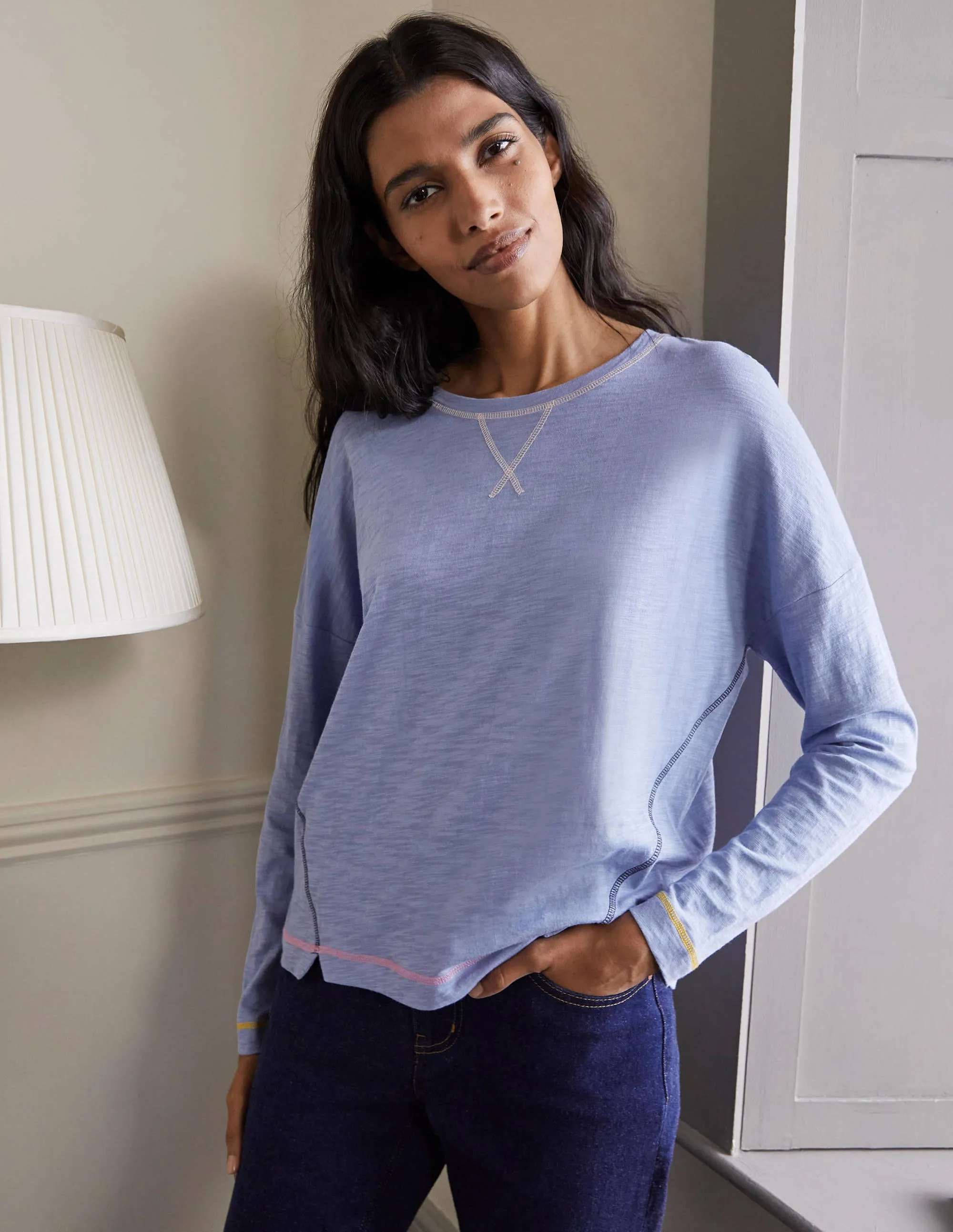 Contrast Stitch Jersey Top-Sea Mist