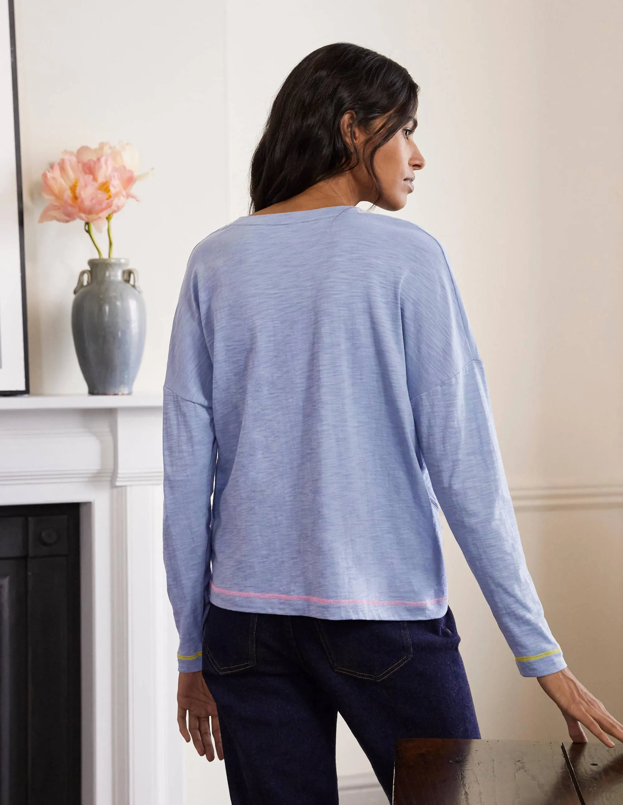 Contrast Stitch Jersey Top-Sea Mist