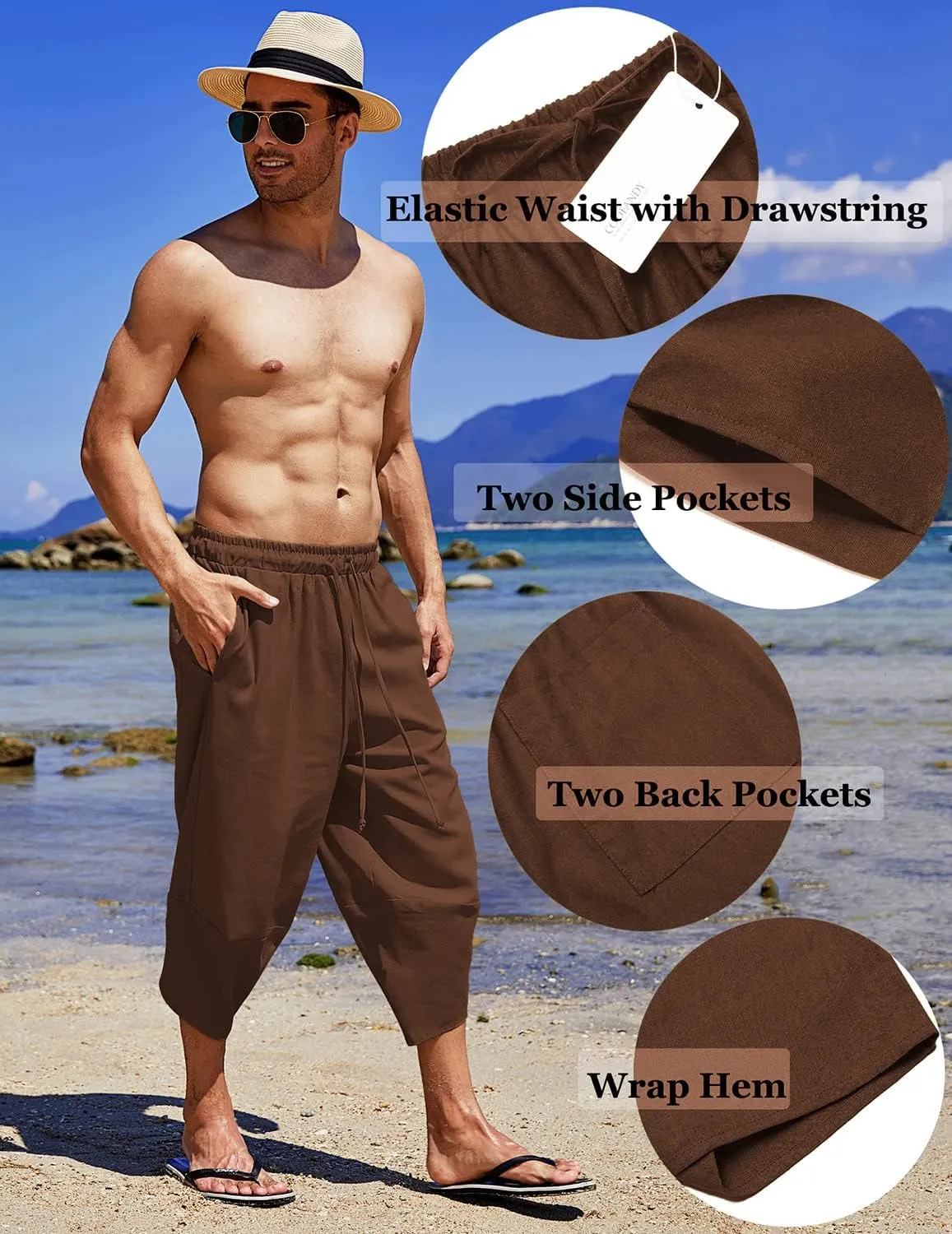 COOFANDY Men's Linen Harem Capri Pants Lightweight Loose 3/4 Shorts Drawstring Elastic Waist Casual Beach Boho Yoga Trousers
