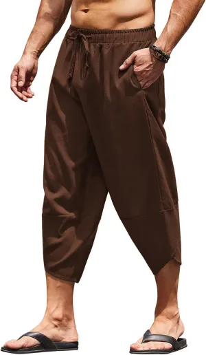 COOFANDY Men's Linen Harem Capri Pants Lightweight Loose 3/4 Shorts Drawstring Elastic Waist Casual Beach Boho Yoga Trousers