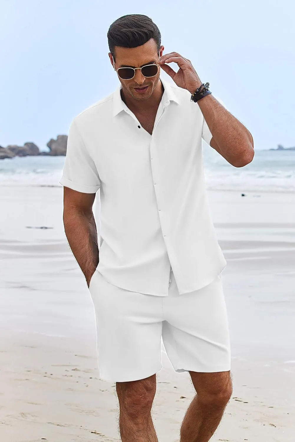 COOFANDY Men's Summer Beach Outfits 2 Piece Short Sleeve Shirts and Shorts Vacation Texture Linen Sets for Men