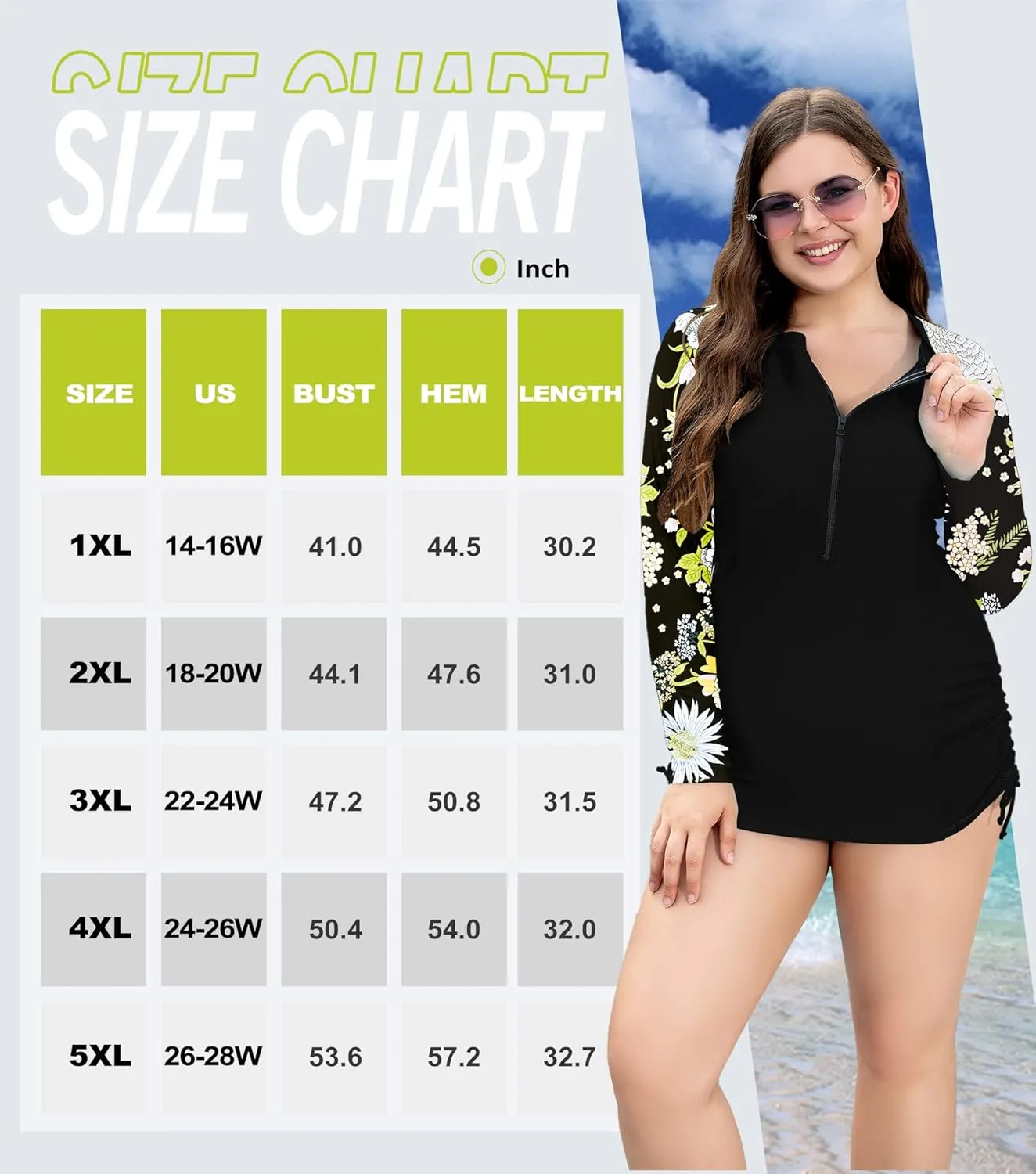 COOTRY Womens Plus Size Rash Guard Long Sleeve Swim Shirts UPF 50  Sun Protection Swimsuit Top with Zipper