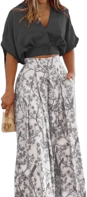 Costaric Floral 2 Piece Outfit for Women V Neck Batwing Sleeve Crop Shirt Top Flower Print Wide Leg Loose Pants Jumpsuit Set
