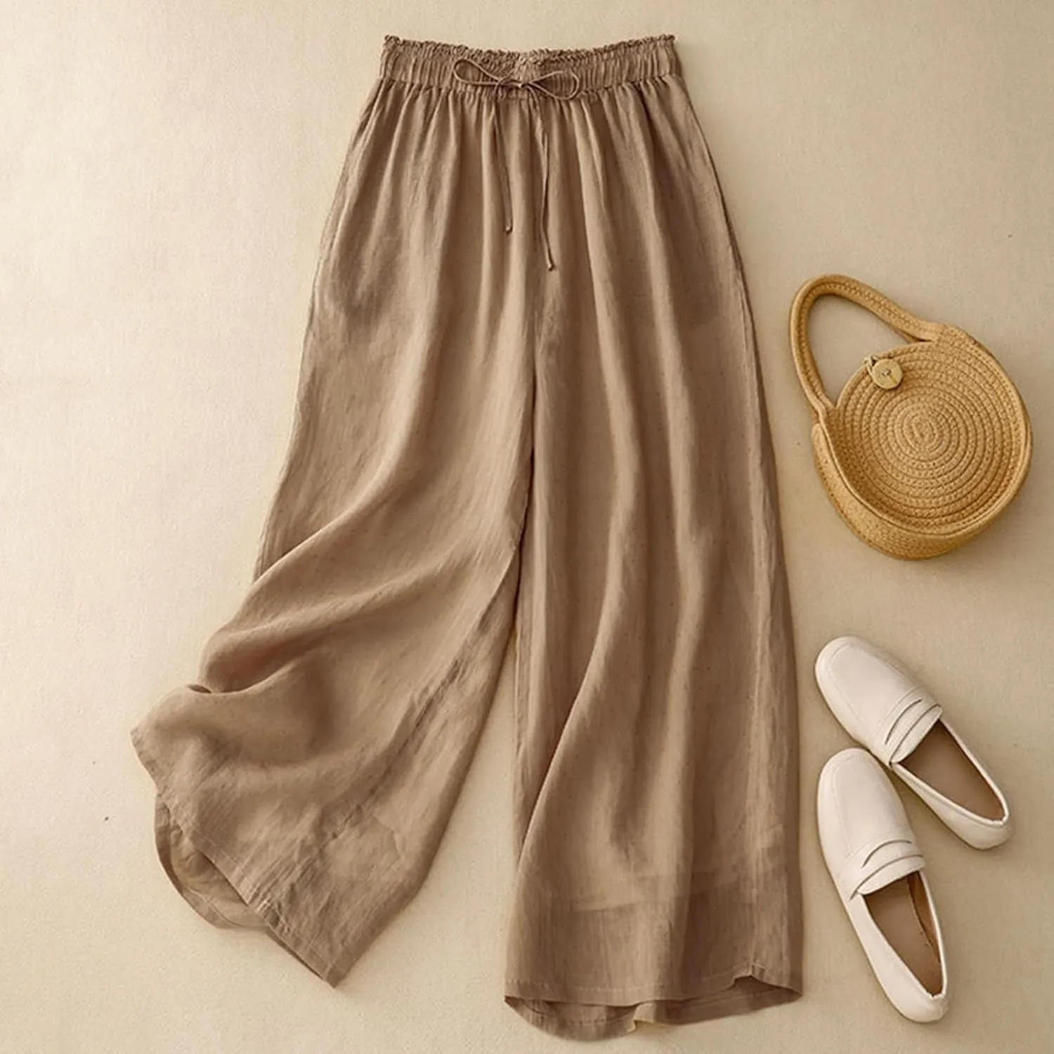Cotton Linen Capri Pants for Women Casual Summer Wide Leg Palazzo Capris Elastic Waist Loose Flowy Cropped Trousers