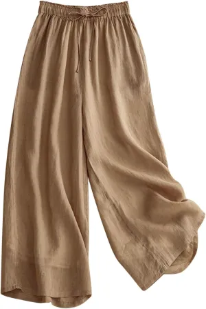 Cotton Linen Capri Pants for Women Casual Summer Wide Leg Palazzo Capris Elastic Waist Loose Flowy Cropped Trousers