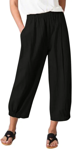 Cotton Linen Capri Pants for Women High Elastic Waisted Drawstring Cropped Pants with Pockets Beach Vacation Clothes