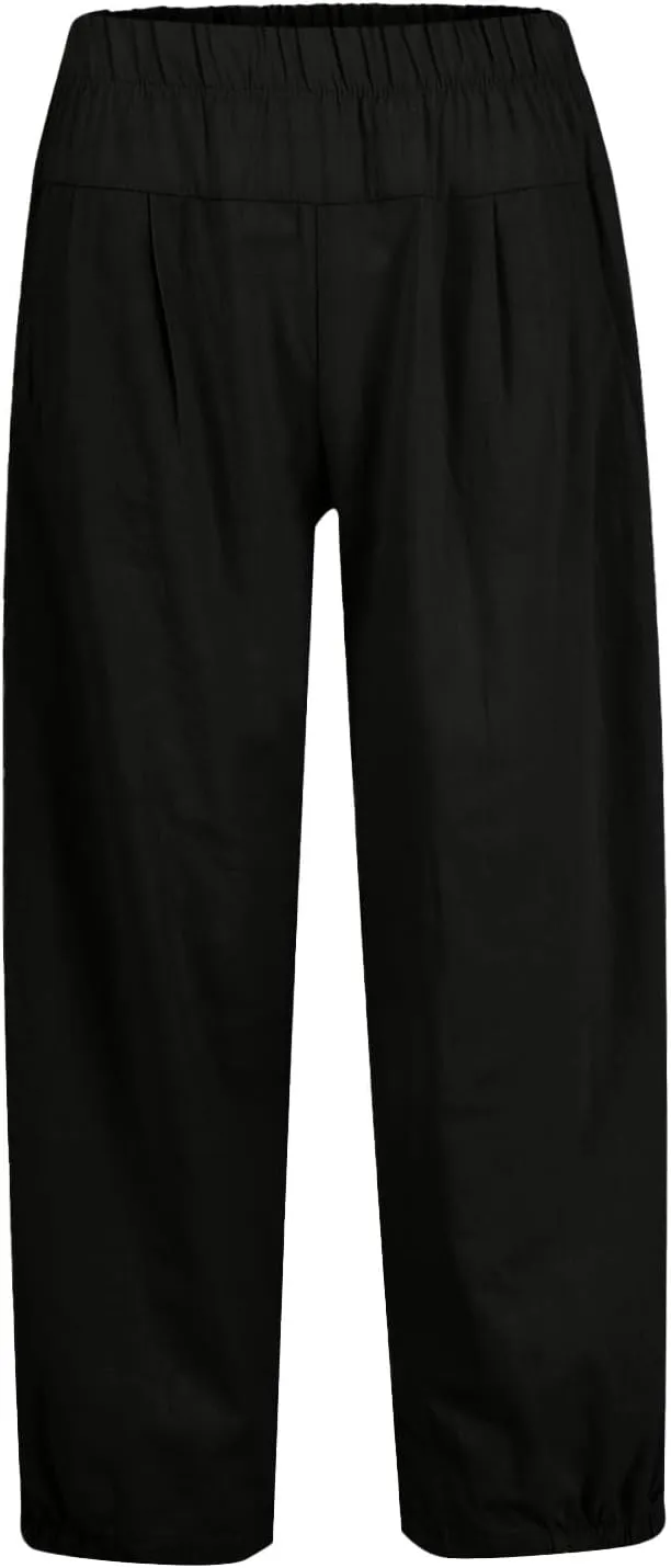 Cotton Linen Capri Pants for Women High Elastic Waisted Drawstring Cropped Pants with Pockets Beach Vacation Clothes