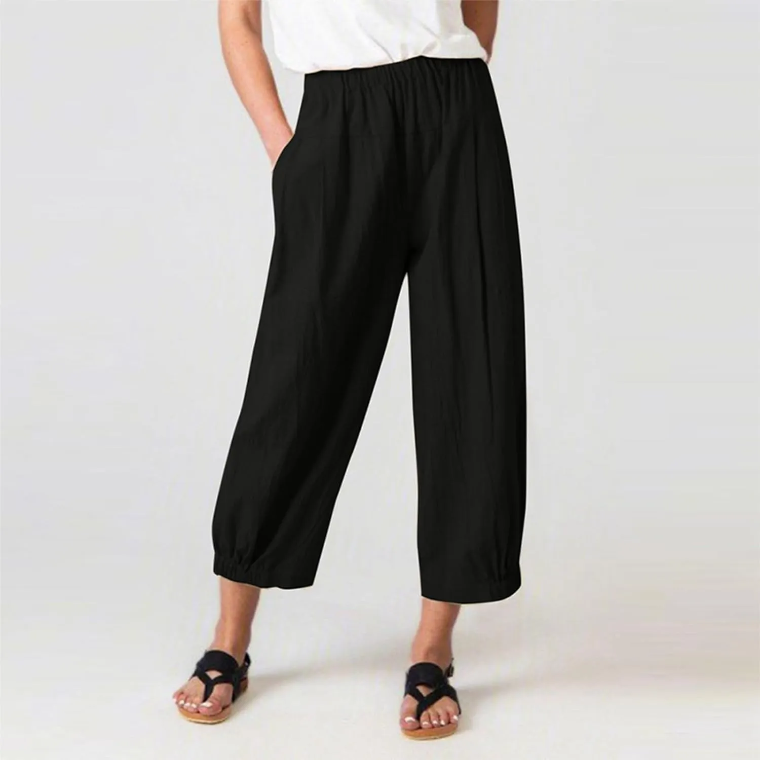 Cotton Linen Capri Pants for Women High Elastic Waisted Drawstring Cropped Pants with Pockets Beach Vacation Clothes