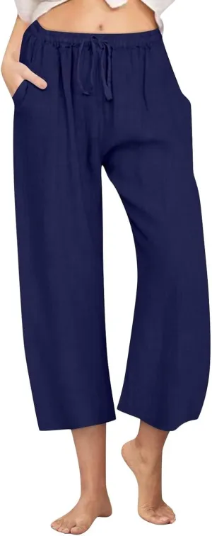 Cotton Linen Capri Pants for Women Wide Leg Cropped Pant Lounge Trouser Elastic Waist Summer Beach Vacation Outfits