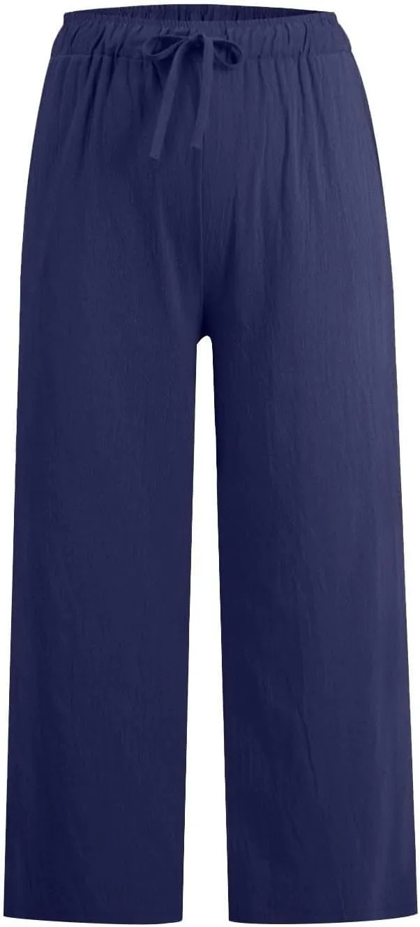 Cotton Linen Capri Pants for Women Wide Leg Cropped Pant Lounge Trouser Elastic Waist Summer Beach Vacation Outfits
