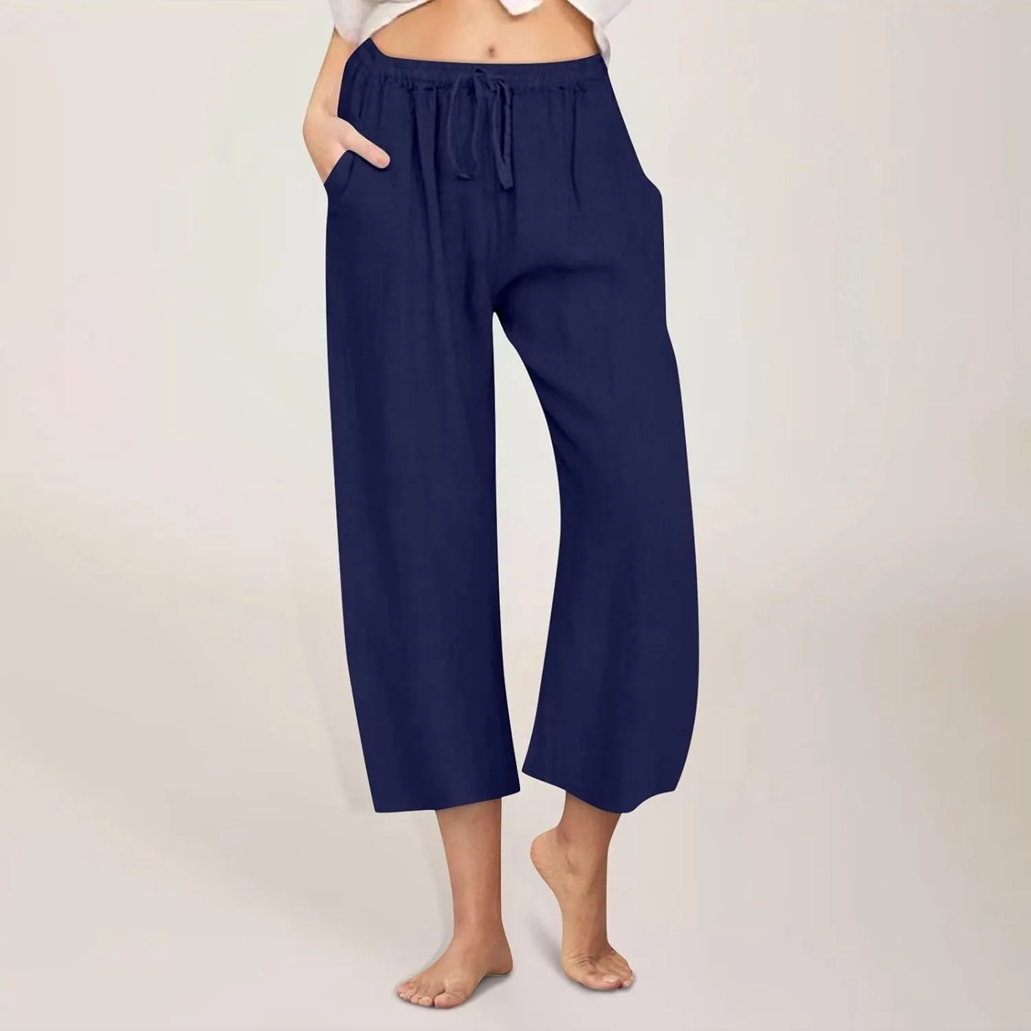 Cotton Linen Capri Pants for Women Wide Leg Cropped Pant Lounge Trouser Elastic Waist Summer Beach Vacation Outfits