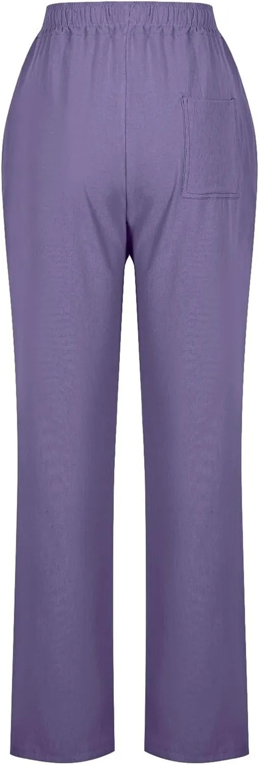 Cotton Linen Pants for Women Casual Summer Wide Leg Pants Drawstring High Waist Straight Leg Trousers with Pockets