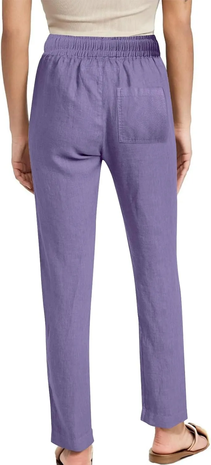 Cotton Linen Pants for Women Casual Summer Wide Leg Pants Drawstring High Waist Straight Leg Trousers with Pockets