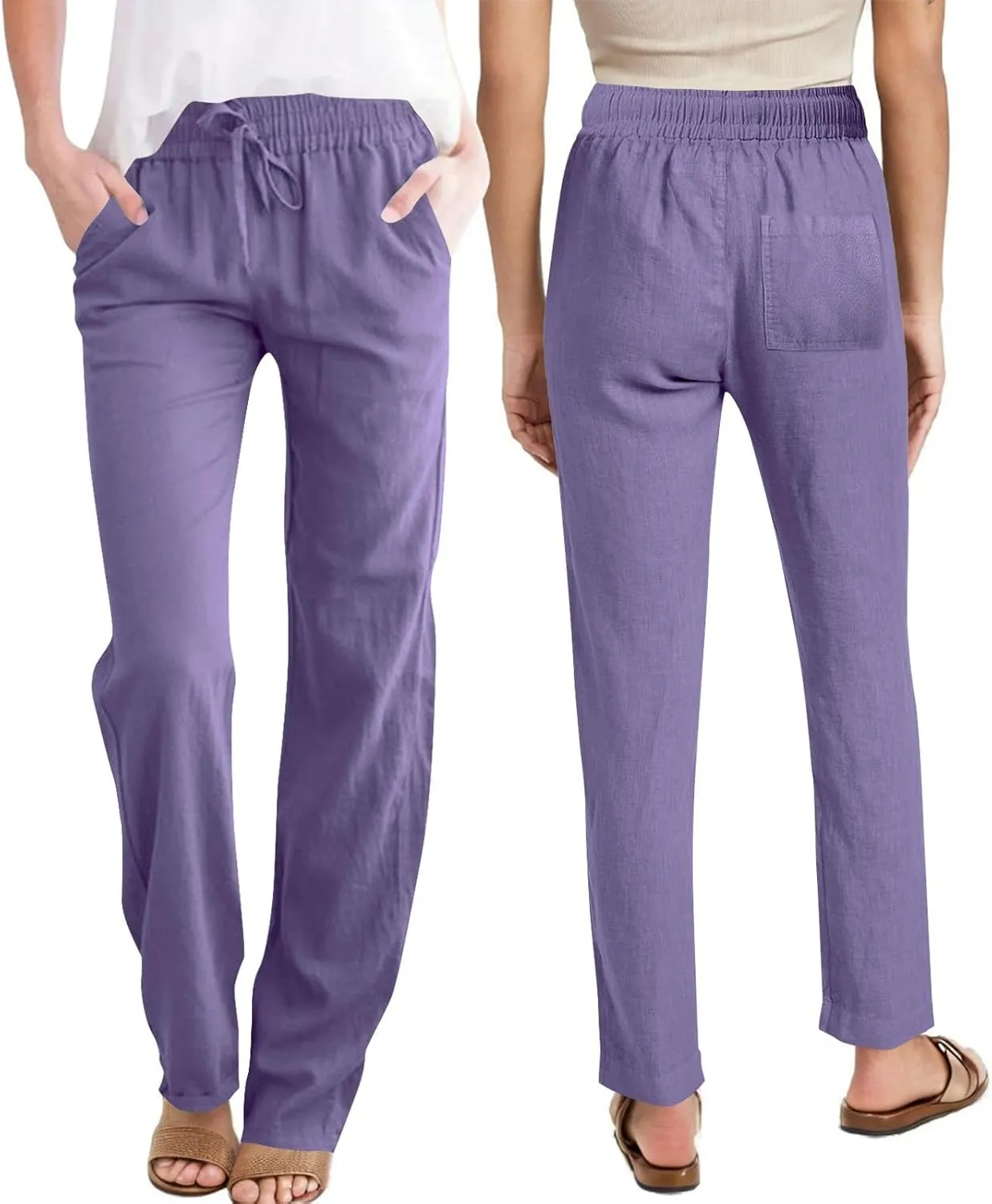 Cotton Linen Pants for Women Casual Summer Wide Leg Pants Drawstring High Waist Straight Leg Trousers with Pockets