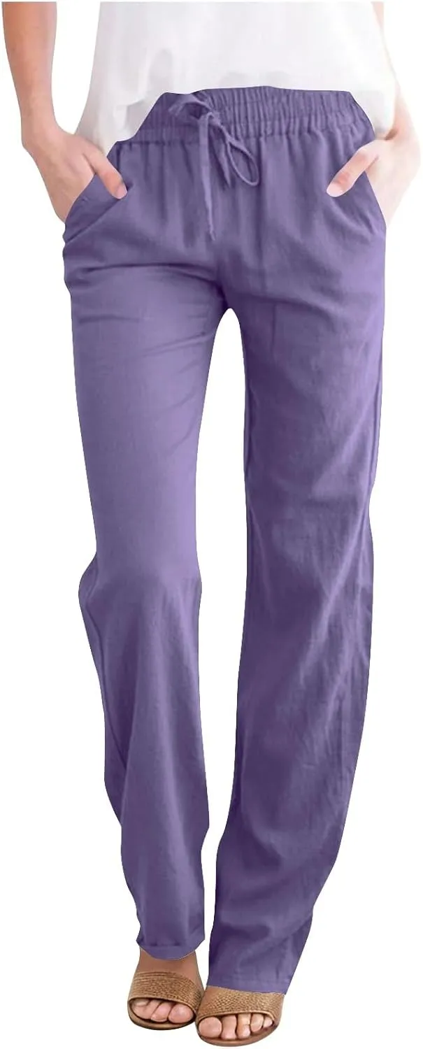 Cotton Linen Pants for Women Casual Summer Wide Leg Pants Drawstring High Waist Straight Leg Trousers with Pockets