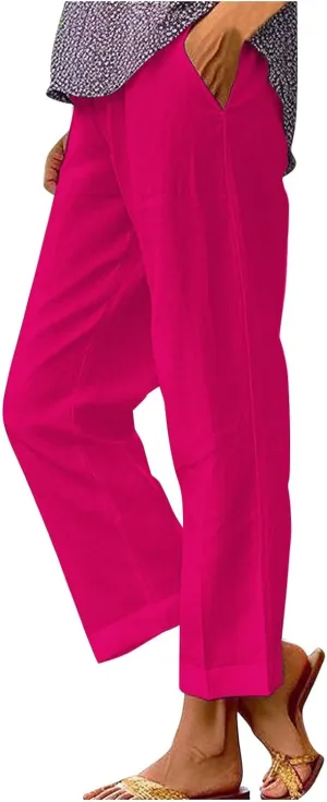 Cotton Linen Pants Women Elastic High Waist Straight Leg Lounge Pant Loose Casual Slacks Summer Trouser with Pockets