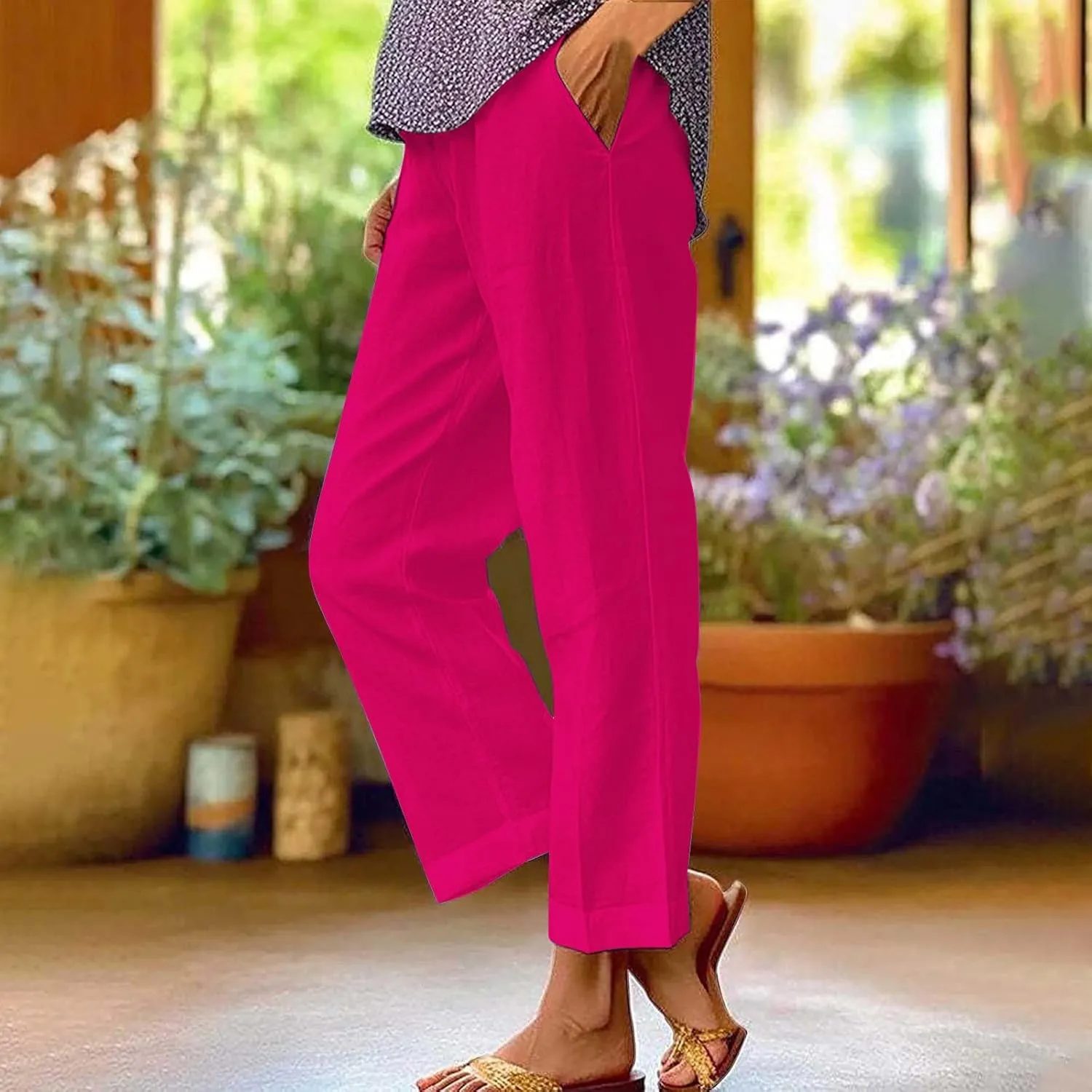 Cotton Linen Pants Women Elastic High Waist Straight Leg Lounge Pant Loose Casual Slacks Summer Trouser with Pockets