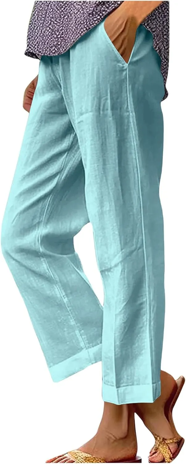 Cotton Linen Pants Women Plus Size High Waisted Cropped Lounge Trousers Casual Summer Wide Leg Beach Pant