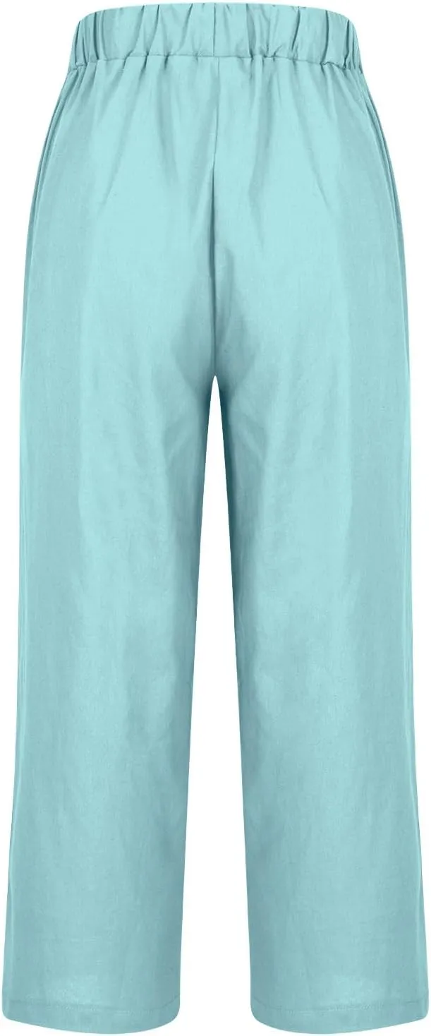 Cotton Linen Pants Women Plus Size High Waisted Cropped Lounge Trousers Casual Summer Wide Leg Beach Pant