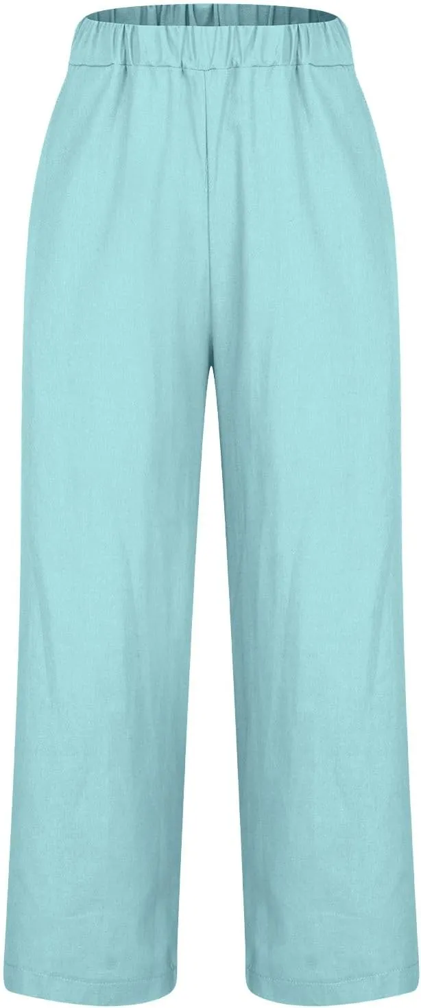 Cotton Linen Pants Women Plus Size High Waisted Cropped Lounge Trousers Casual Summer Wide Leg Beach Pant
