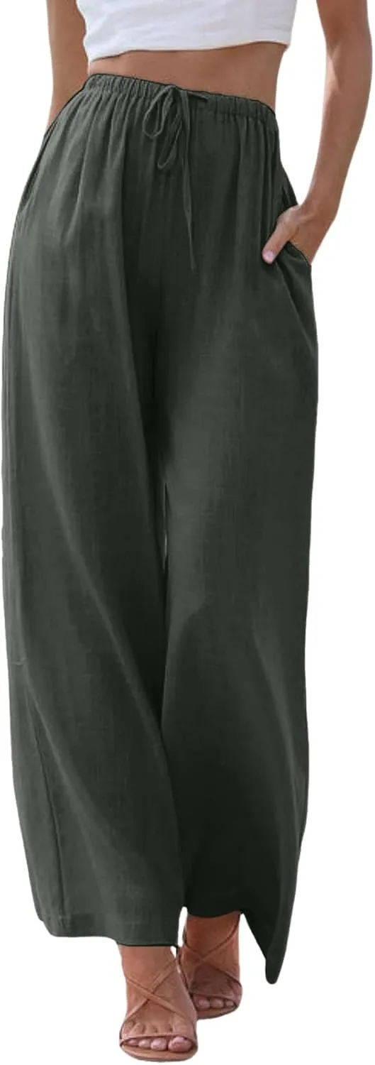 Cotton Linen Pants Women Summer Wide Leg Flowy Pants Cusual Drawstring High Waist Palazzo Pants Beach Trousers with Pockets