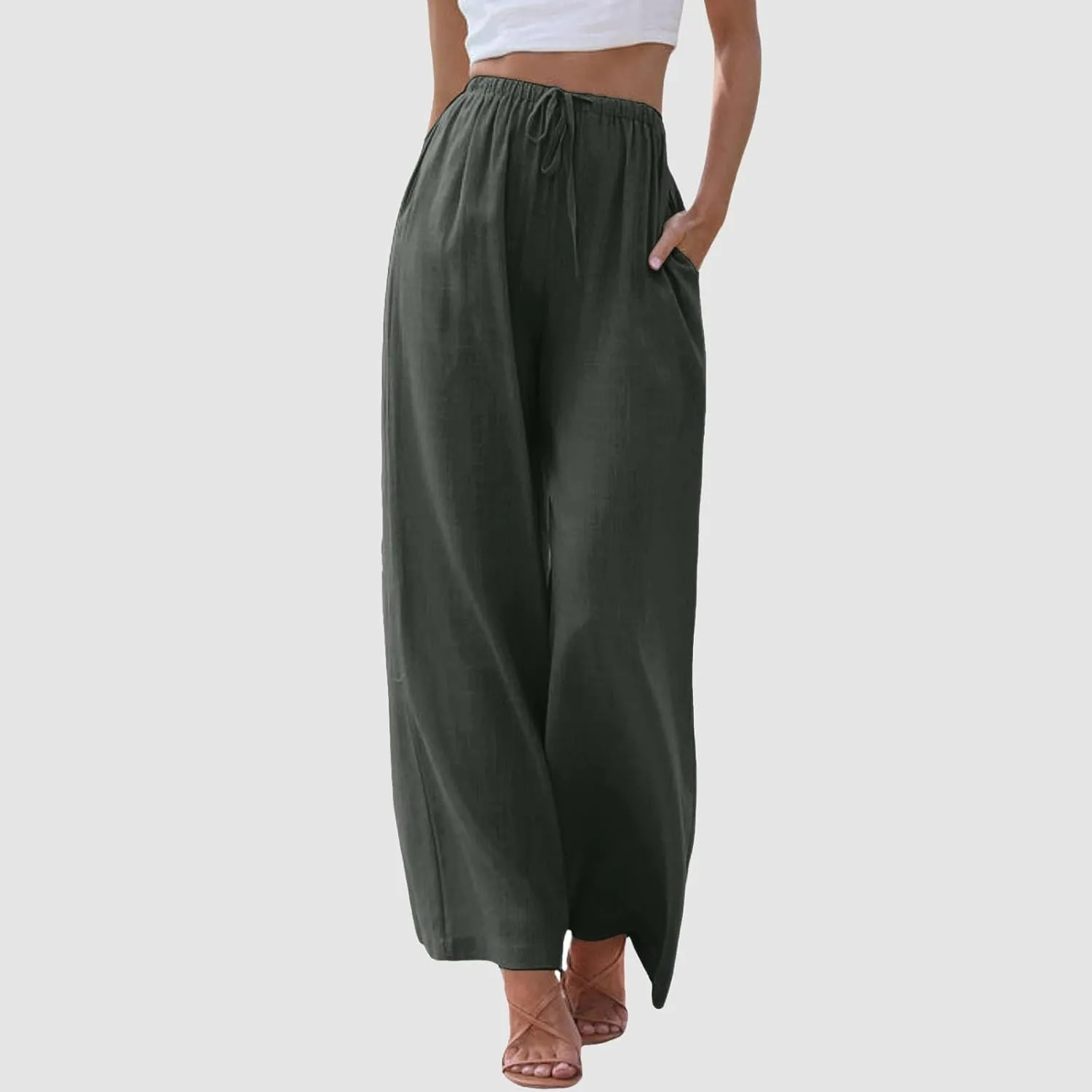 Cotton Linen Pants Women Summer Wide Leg Flowy Pants Cusual Drawstring High Waist Palazzo Pants Beach Trousers with Pockets