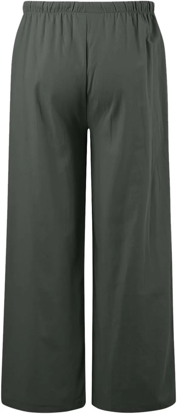 Cotton Linen Pants Women Summer Wide Leg Flowy Pants Cusual Drawstring High Waist Palazzo Pants Beach Trousers with Pockets