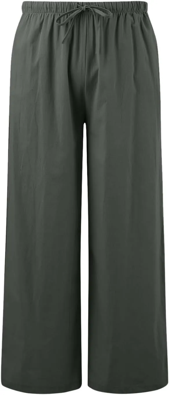 Cotton Linen Pants Women Summer Wide Leg Flowy Pants Cusual Drawstring High Waist Palazzo Pants Beach Trousers with Pockets