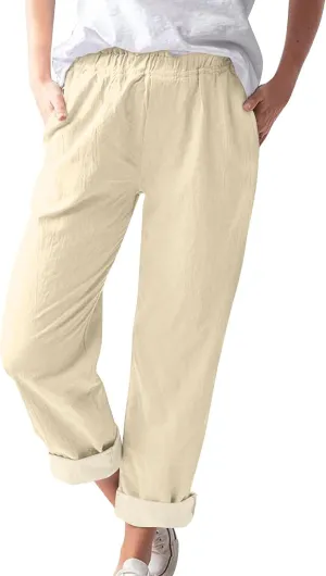 Cotton Linen Trouser Pants for Women Boho Beach Capris Pants 2024 Casual Summer Lightweight Drawstring Pants Pockets