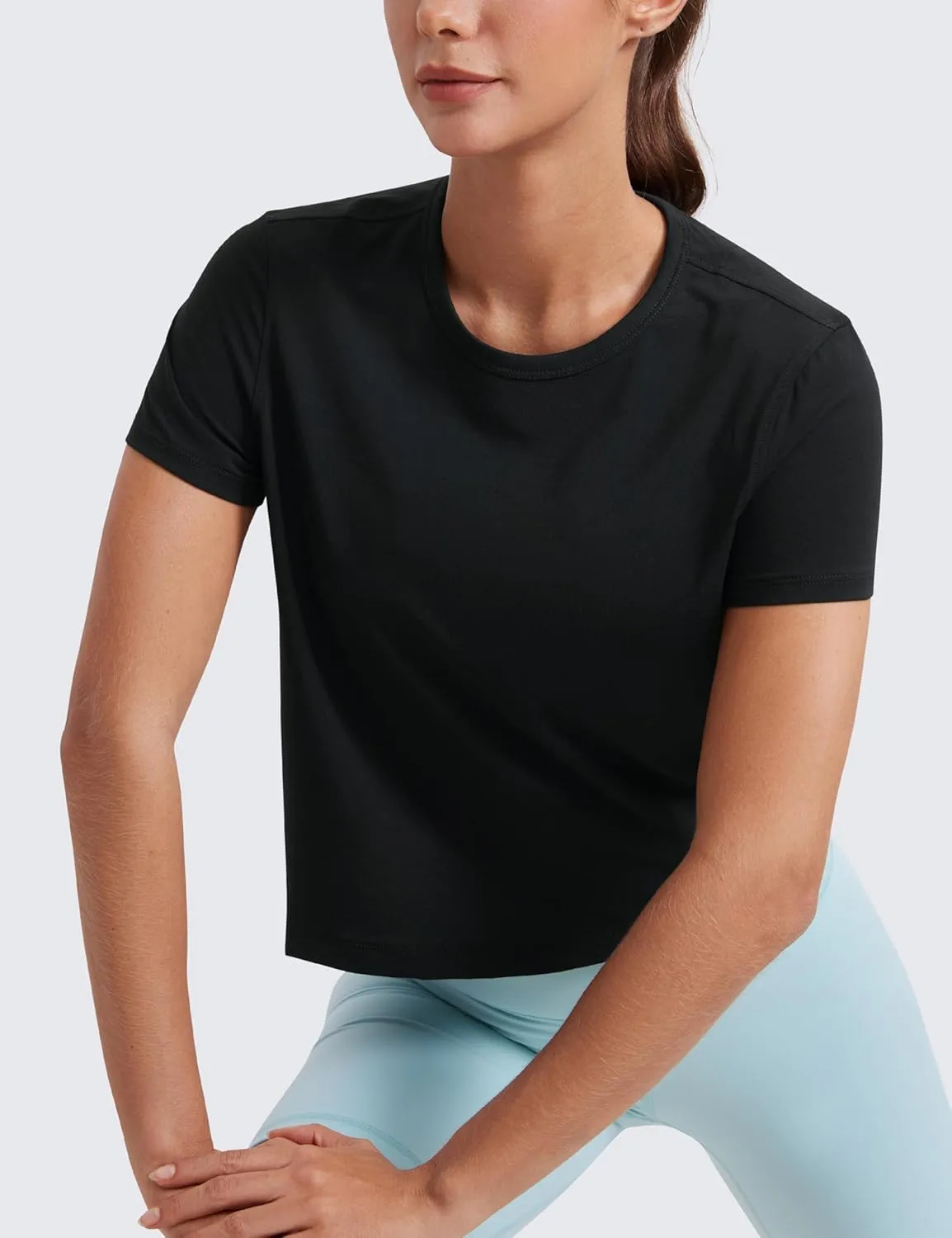 CRZ YOGA Women's Pima Cotton Short Sleeve Crop Tops High Neck Cropped Workout Shirts Yoga Athletic Casual T-Shirt