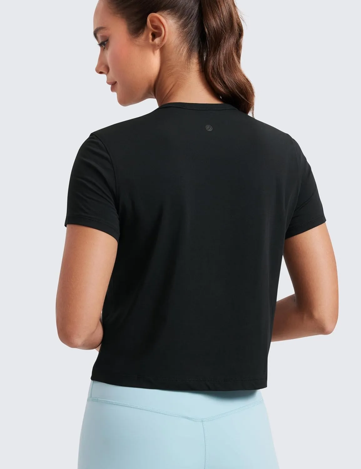 CRZ YOGA Women's Pima Cotton Short Sleeve Crop Tops High Neck Cropped Workout Shirts Yoga Athletic Casual T-Shirt