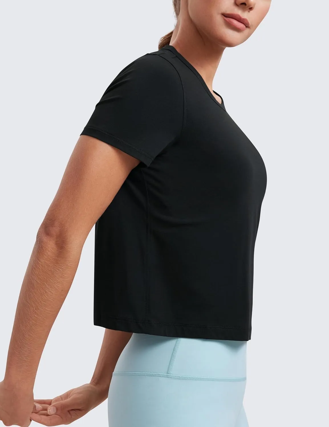 CRZ YOGA Women's Pima Cotton Short Sleeve Crop Tops High Neck Cropped Workout Shirts Yoga Athletic Casual T-Shirt