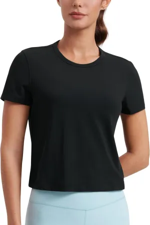 CRZ YOGA Women's Pima Cotton Short Sleeve Crop Tops High Neck Cropped Workout Shirts Yoga Athletic Casual T-Shirt