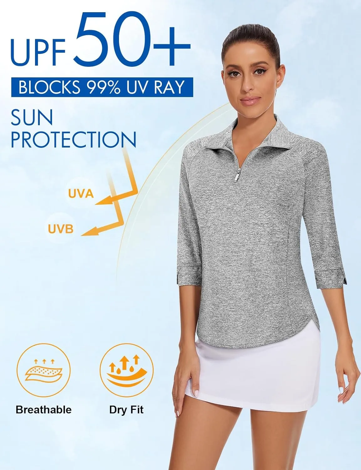 Cucuchy Style Womens Golf Shirt 3/4 Sleeve Quarter Zip Workout Tennis Tops Quick Dry UPF 50  Shirts