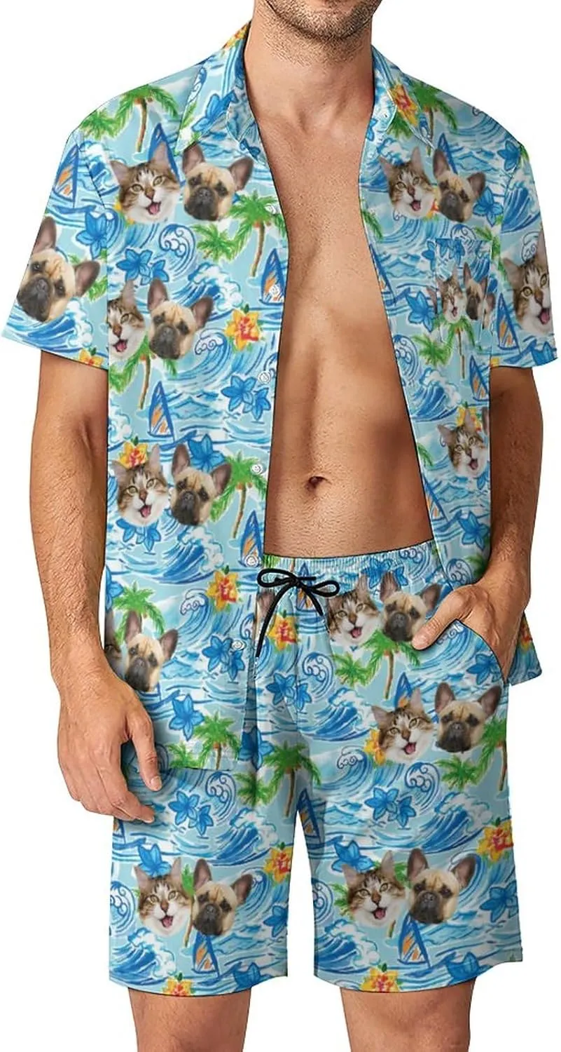 Custom Face Men's Hawaiian Shirt and Short Set Personalized 2 Pieces Funny Vacation Outfits Sets with Face, Tropical Floral Printed Outfit Beach Casual Suits Quick Dry for Summer Party